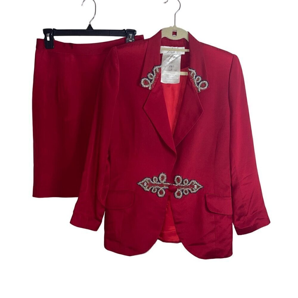 Lillie Rubin Vintage Womens  Skirt Suit Size 10 Red Beaded Embellished Silk